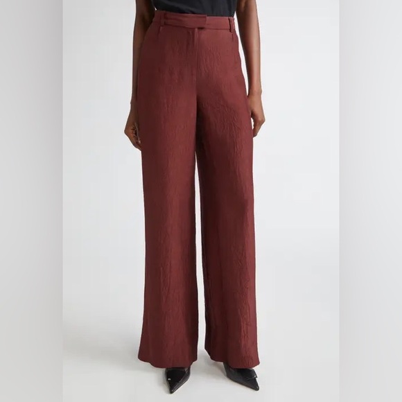 Milly Pants - MILLY NEW YORK Mahogany Brown Mid Rise Wide Leg Textured Cotton Trousers Pants 4